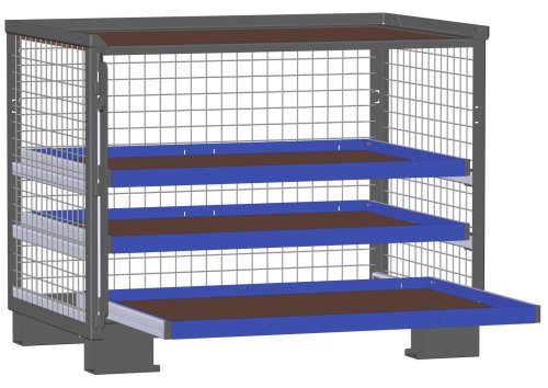 LCB I Gitterbox mit Schubladen (Teilauszug) und Gitterwänden 3 Auszugsrahmen H 32 mm 