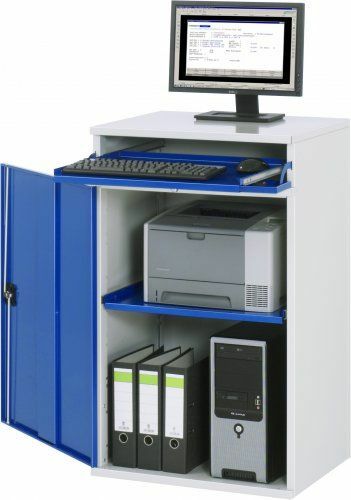 Computer-Schrank B 650 mm | stationär | Tastaturfach mit Klappdeckel und Auszugstablar, Flügeltürfach H 800 mit verstellbarem Auszugsboden 