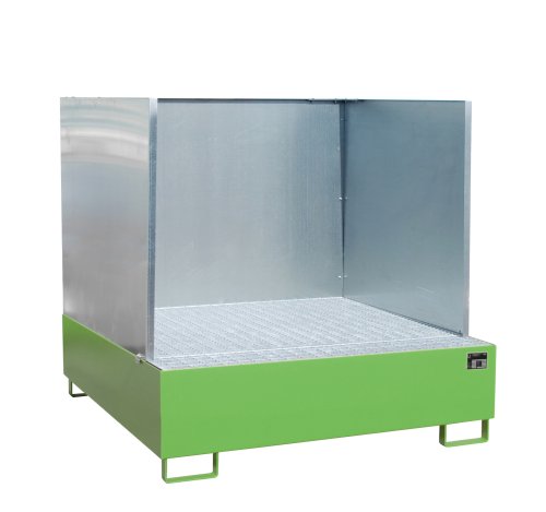 Auffangwanne mit 3-seitiger Spritzschutzwand 1460 x 1460 x 355 mm | RAL 6011 